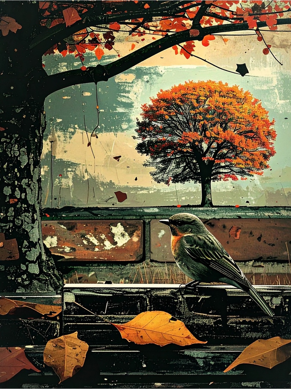 Autumn Bird & Tree Art Print in Orange and Green